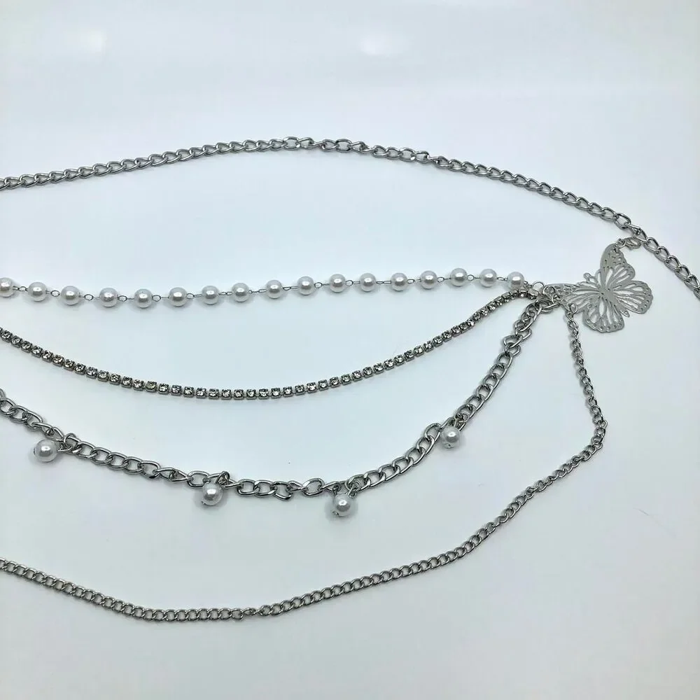 Women's Silver Butterfly Pearl Layered Chain Belt, 35 Inches, X7G9A1046